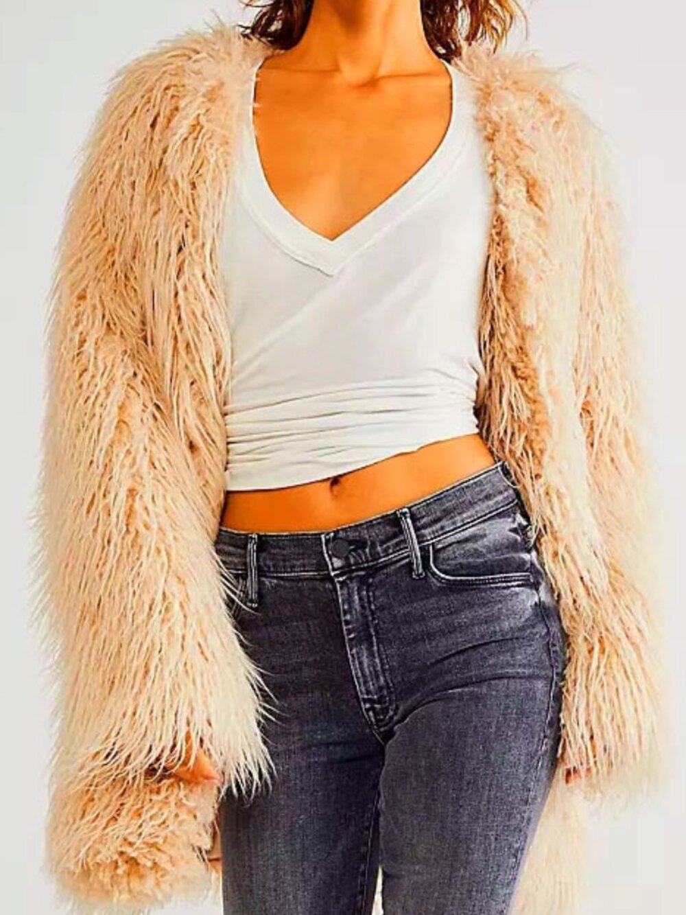 🦋💋UBER GORGE!💋🦋 Free People 70s Vibe Boho-Chic Renata Fur Coat in Sand - Picture 5 of 16
